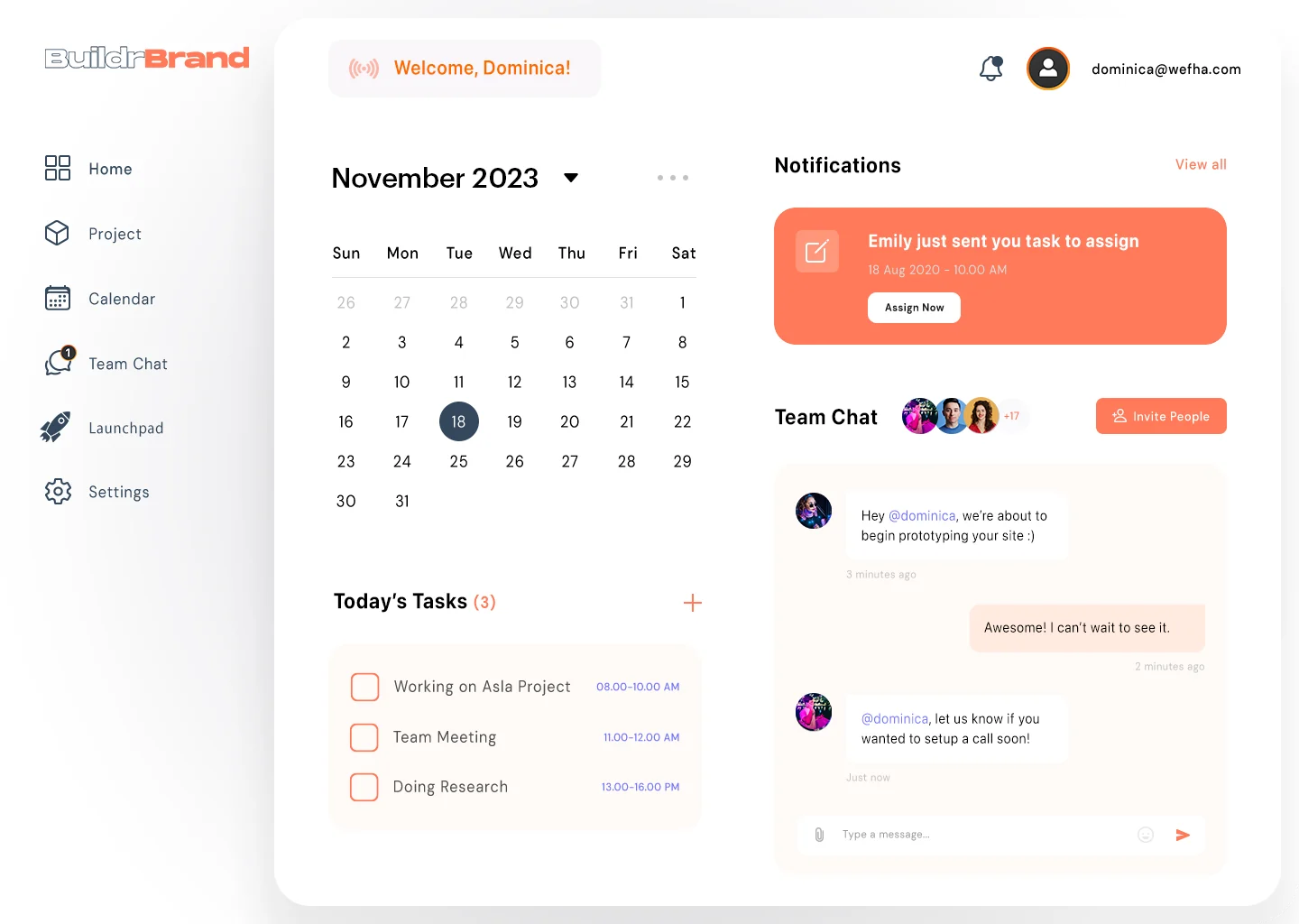 Buildrbrand dashboard with calendar, tasks and team chat